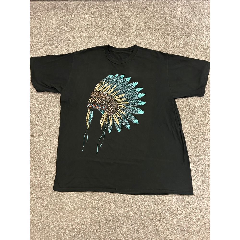 VTG Graphic Tee Mens XL Black Excellent Feather Headdress T-Shirt
